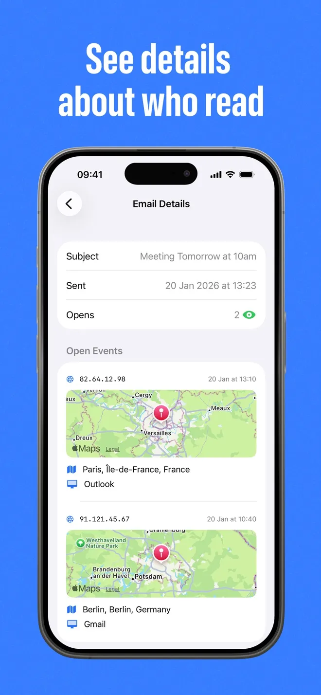 Email details screen listing two opens with times, maps of Paris and Berlin, and the mail clients Outlook and Gmail
