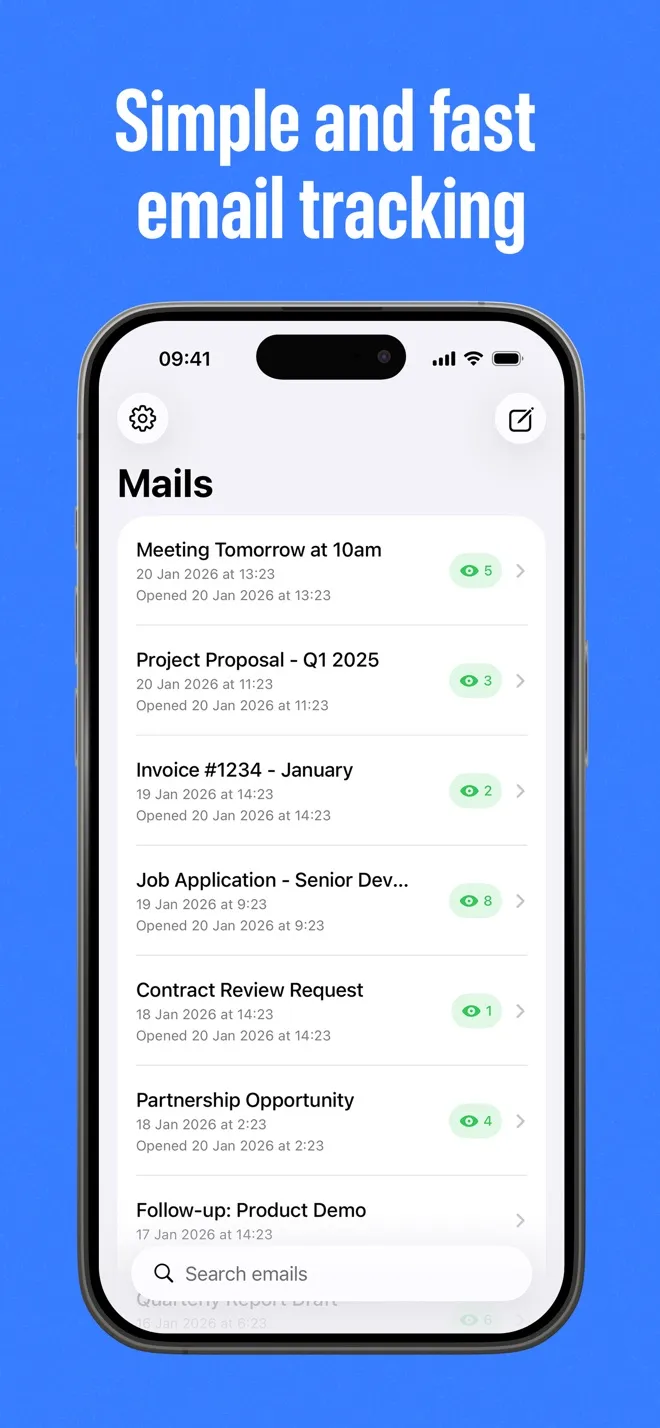 List of tracked emails, each with a subject, the time it was sent and its open count